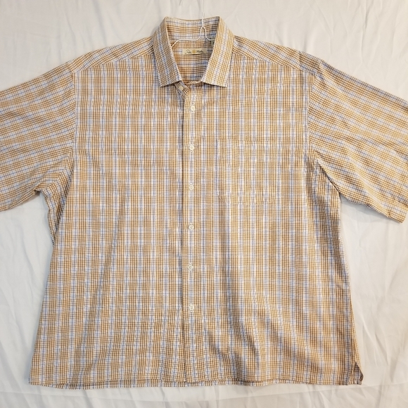 Peter Millar Short Sleeve Button Up Shirt Tan Blue Check Plaid XL - Picture 9 of 16